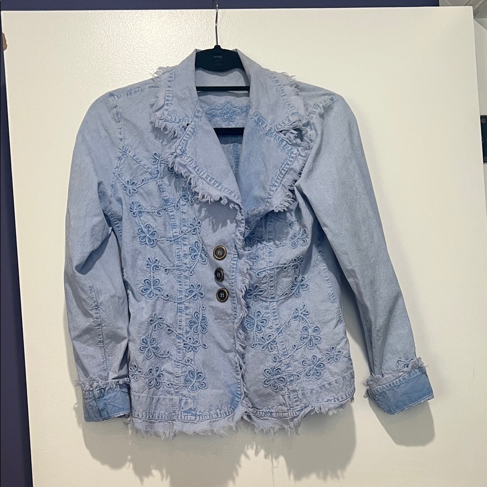 Vintage Frayed Edge Embroidered Denim Jacket says M but fits a S